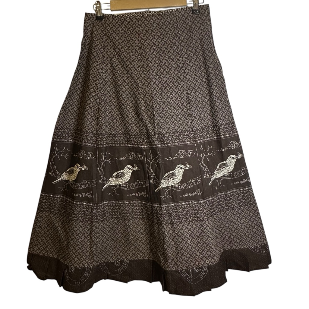 Vintage Handmade Bird Novelty Print Brown White Patterned Skirt Side Zip Small